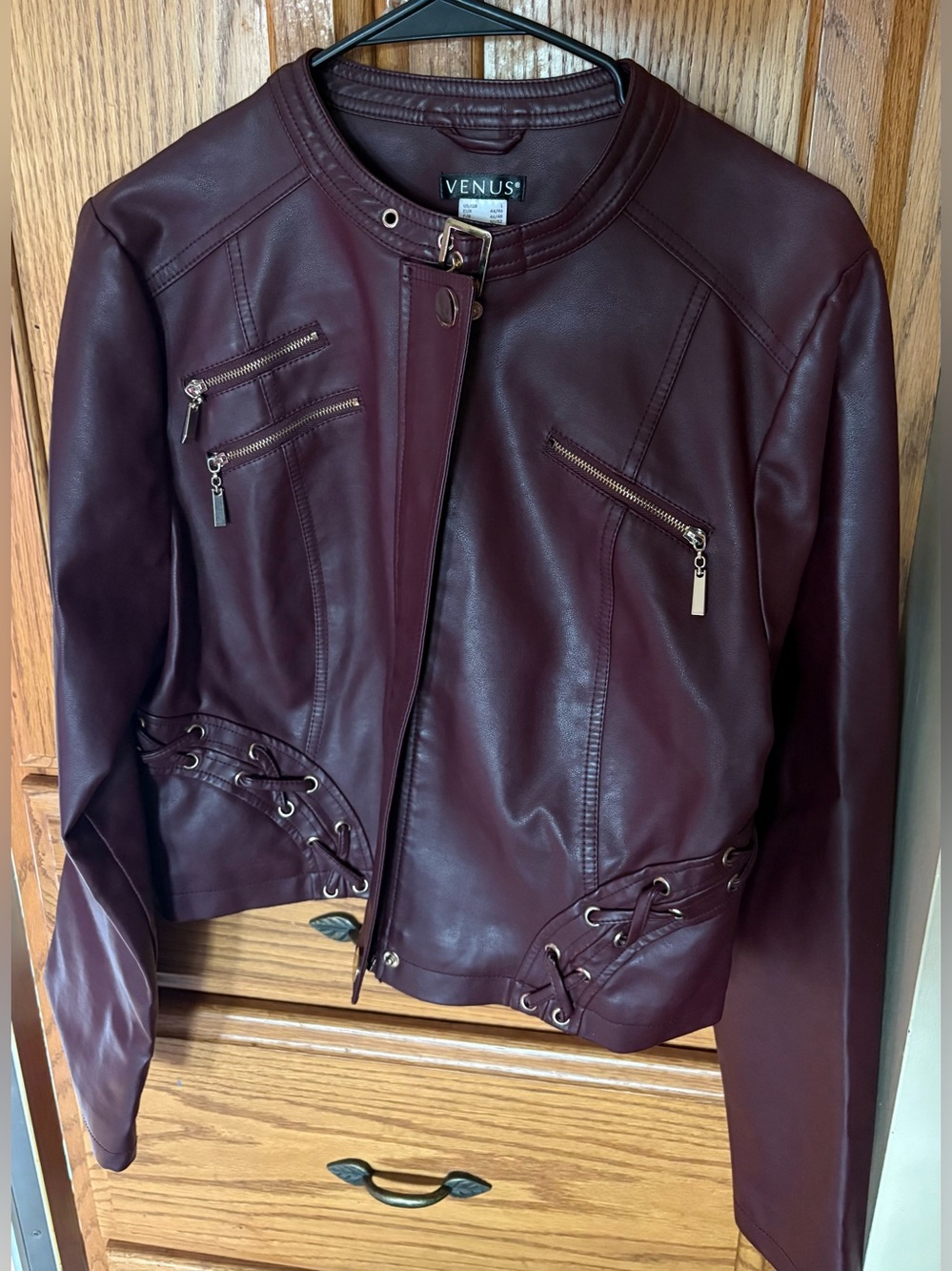 VENUS Women's Wine Faux Leather Moto Jacket with Lace-Up Sides